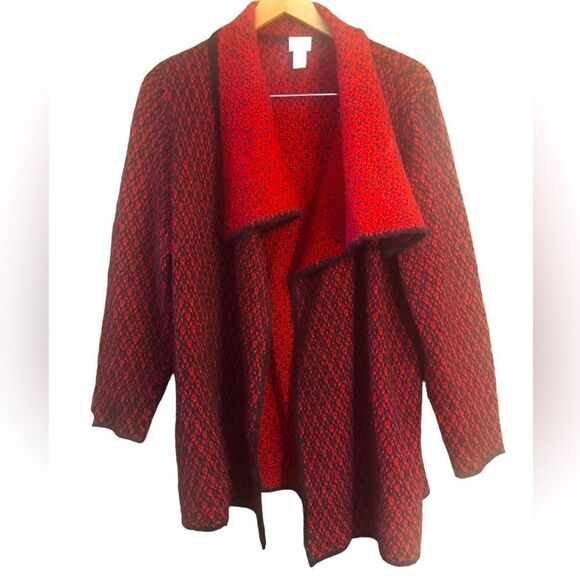 Chico’s Texture Jacquard Jackie Knit Open Front Cardigan Red Black Size 2 - Picture 1 of 6